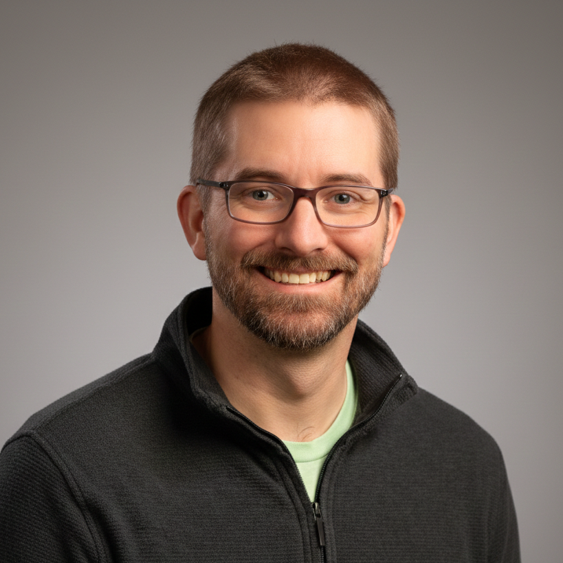 A smiling man with short brown hair, glasses, and a beard wearing a dark charcoal quarter-zip pullover over a light green shirt, photographed against a smooth gray studio background.